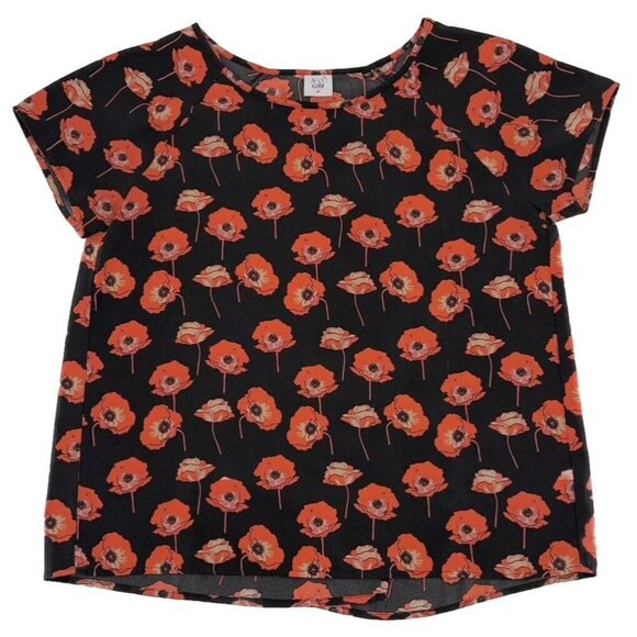 CAbi Flanders Poppy Blouse Black Red‎ Short Sleeve Split Back #3251 Size M, Flaw - Picture 1 of 12